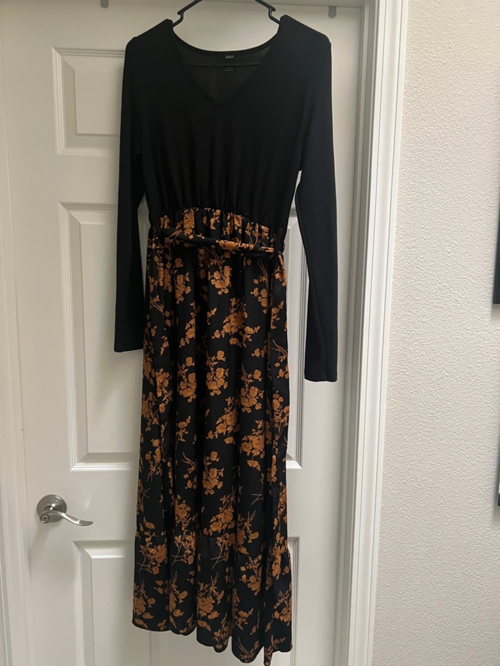 Black Maxi Dress with Rust Floral Skirt